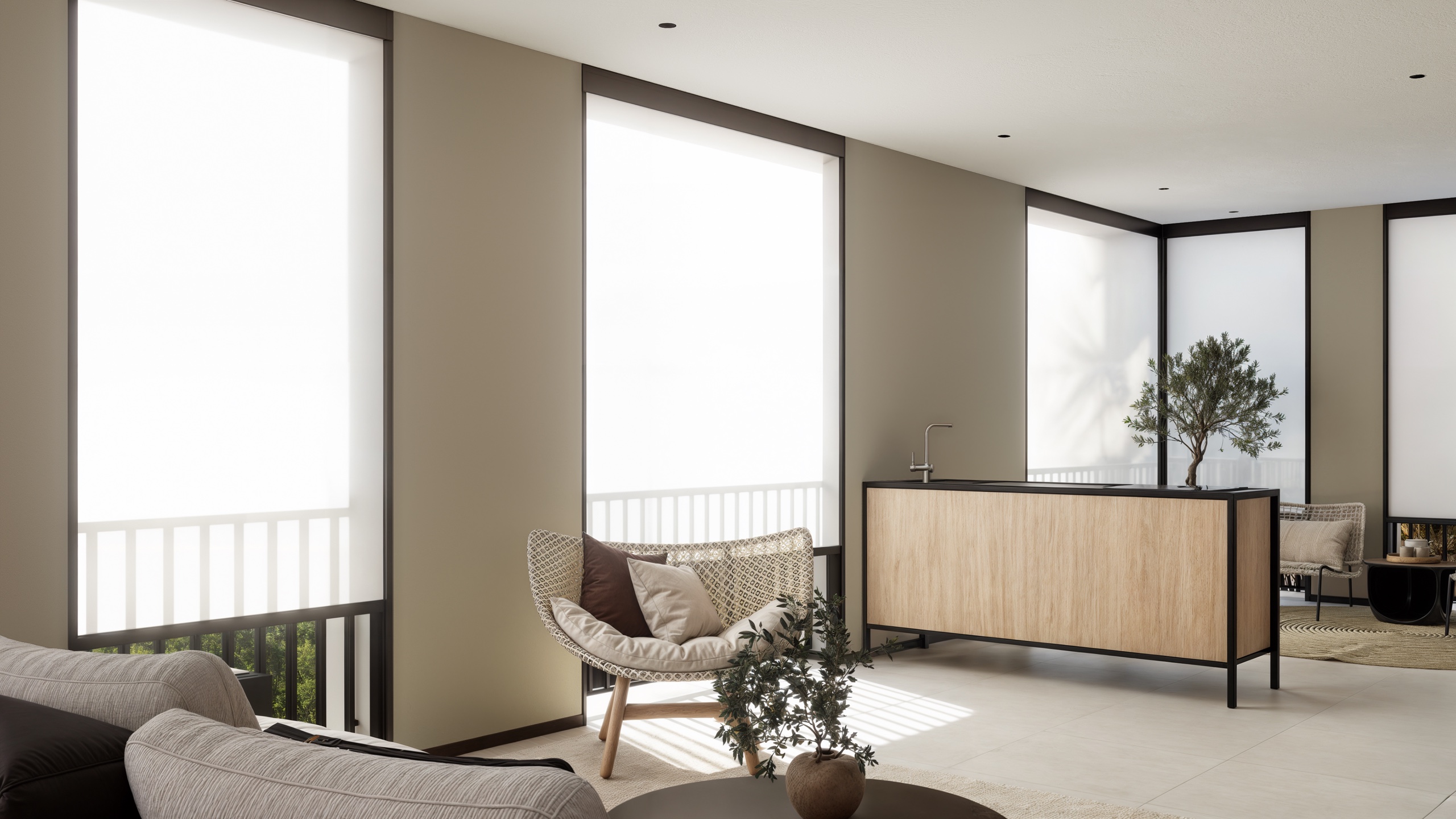 Einrichtungsvisualisierung eines Wohn- und Küchenbereichs im Hartmann Haus II